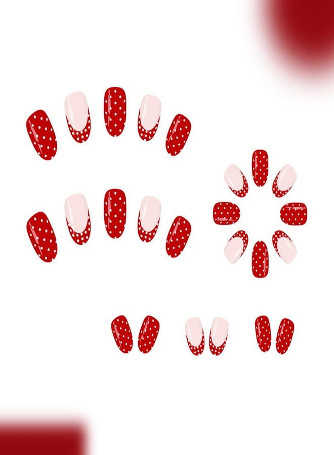 OSTTMA 24Pcs Polka Dot Press on Nails Red French Tip Fake Nails Short Oval False Nails with Cute White Polka Dots Design Glossy Glue on Nail Full Cover French Acrylic Nail for Women Manicure Accessories - Image 5